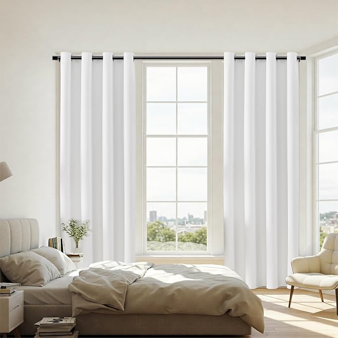 ChrisDowa 100% Blackout Pure White Solid Curtains 90 Inches Long 2 Panels for Bedroom Living Room,Farmhouse Room Darkening Thermal Insulated Soundproof Grommet Top Window Treatment Drapes,52x90