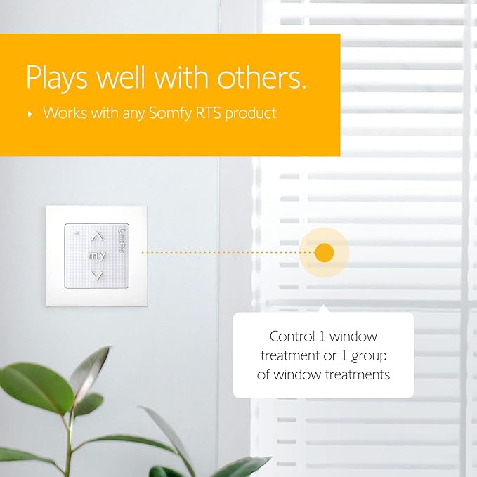 Somfy Smoove 1 RTS Pure - 1-Channel Wall Mount Switch for RTS Motorized Shades, Curtains, and Blinds - Mounts Easily to Wall or Surface - Easy to Install, No Electrician Needed - #1811533