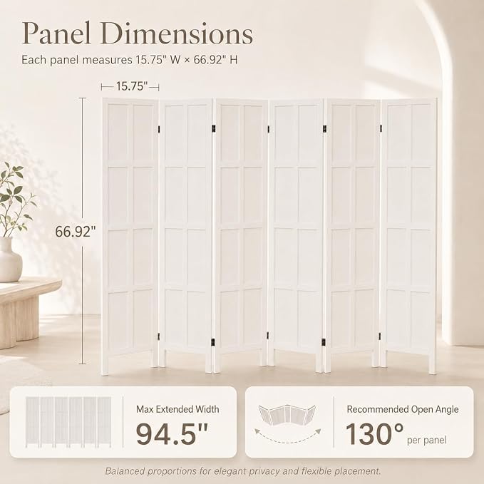 6 Panel Solid Wood Room Divider Folding Privacy Screen White | Freestanding - Image 2