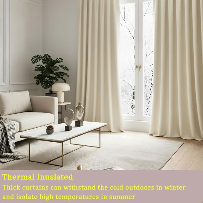 Timeper Cream Beige Velvet Curtains 108 inches 2 Panels, Luxury Curtains - Image 3