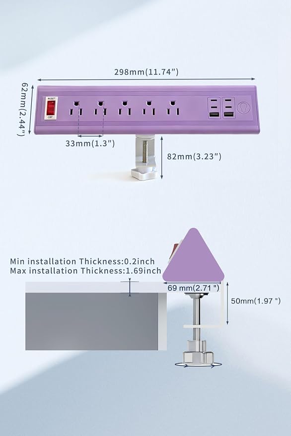 Desk Clamp Power Strip with Nightlight, 40W Fast Charging, 6FT Extension Cord - Image 7