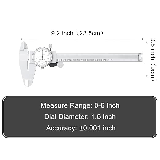 HDLNKAK Dial Caliper Shockproof Dial Caliper Precision Caliper with Watch 0-6" Range, 0.001” Resolution 6 Inch with 0.001" Precision Calipers 4-Way Measurement with Plastic Case