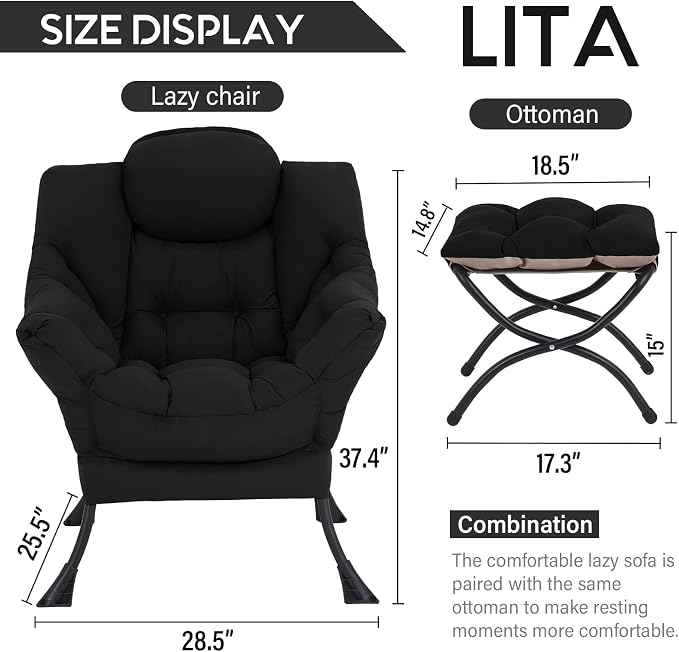 Lazy Chair with Ottoman, Comfy Accent Reading Chair, Removable Cover, with - Image 3