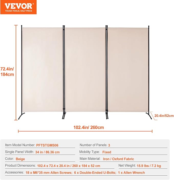 VEVOR Room Divider, 3 Panel Room Divider, Folding Privacy Screen and Portable - Image 7