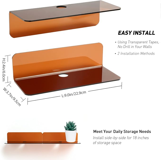 OAPRIRE Acrylic Floating Wall Shelves Brown, No Drill, 9 Inch 2 Pack | Strong - Image 2