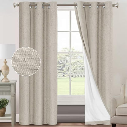 PrinceDeco 100% Blackout Curtains 84 Inches Length 2 Panels Set Blackout Linen Curtains with Thermal Insulated White Liner Anti-Rust Grommet Drapes Privacy Protection,W42 X L84,Cobblestone