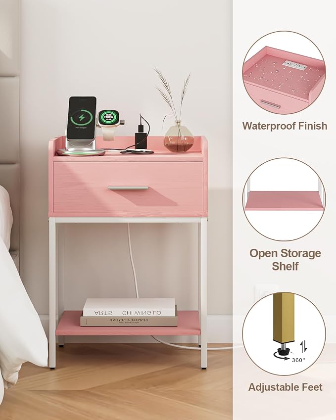 Nightstand with Charging Station, 3-Tier Modern Bedside Table Night Stand with - Image 6