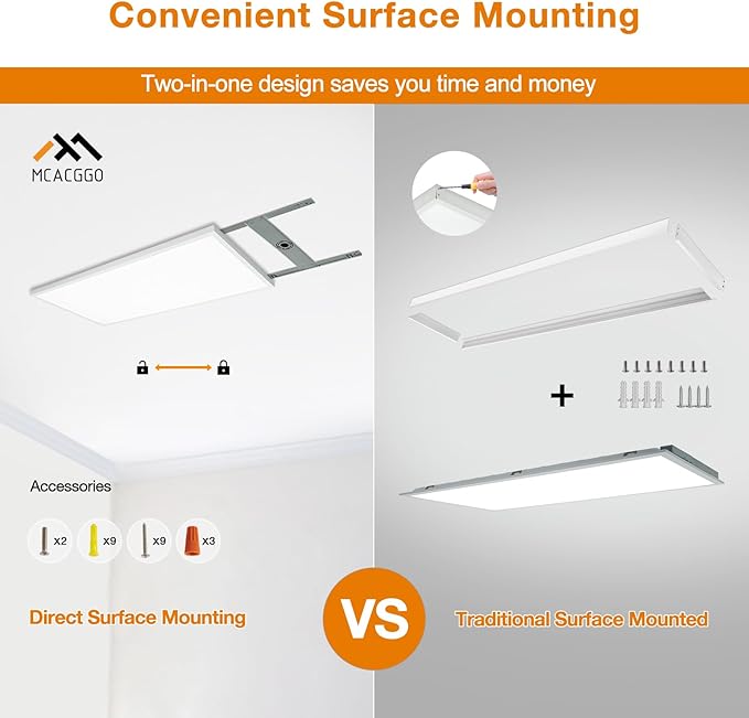 Mcacggo 2x4 FT LED Flat Panel Light Surface Mount 5000K-4000K-3000K Switchable & 0-10V Dimmable, 30W-40W-50W Selectable Flush Mount Ceiling Light 24x48 inch, ETL Listed, 100-277V, White, 2 Pack