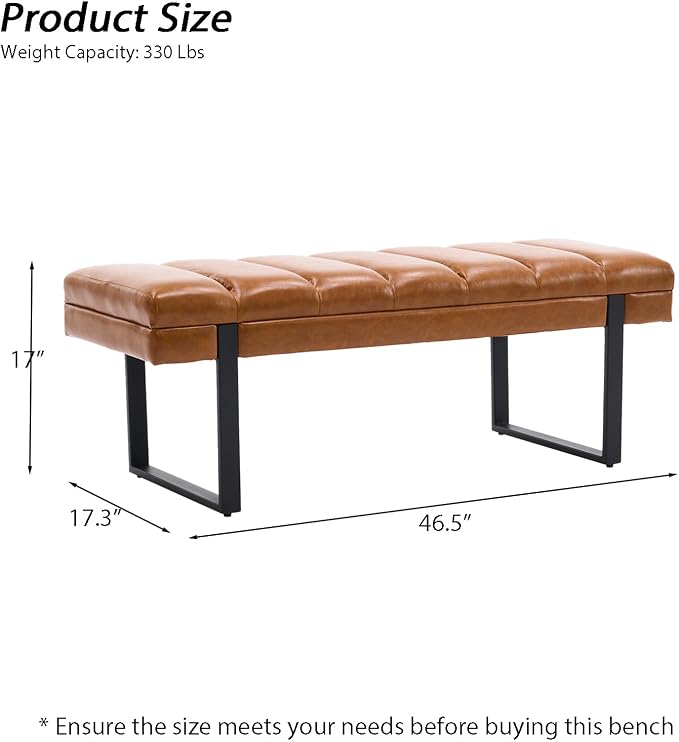 46" Faux Leather Bench for Bedroom End of Bed Window, Camel Brown | Tufted - Image 2