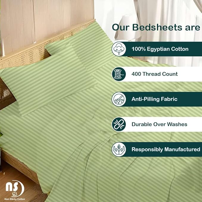 NON Sticky cotton Full Size Sleeper Sofa Sheets, 4 Piece Egyptian Cotton Bed Sheet Set for Sofa Bed, 7" Deep Pocket for Pull Out Couch Mattress, 54" x 75", Sage Stripe, Soft & Breathable