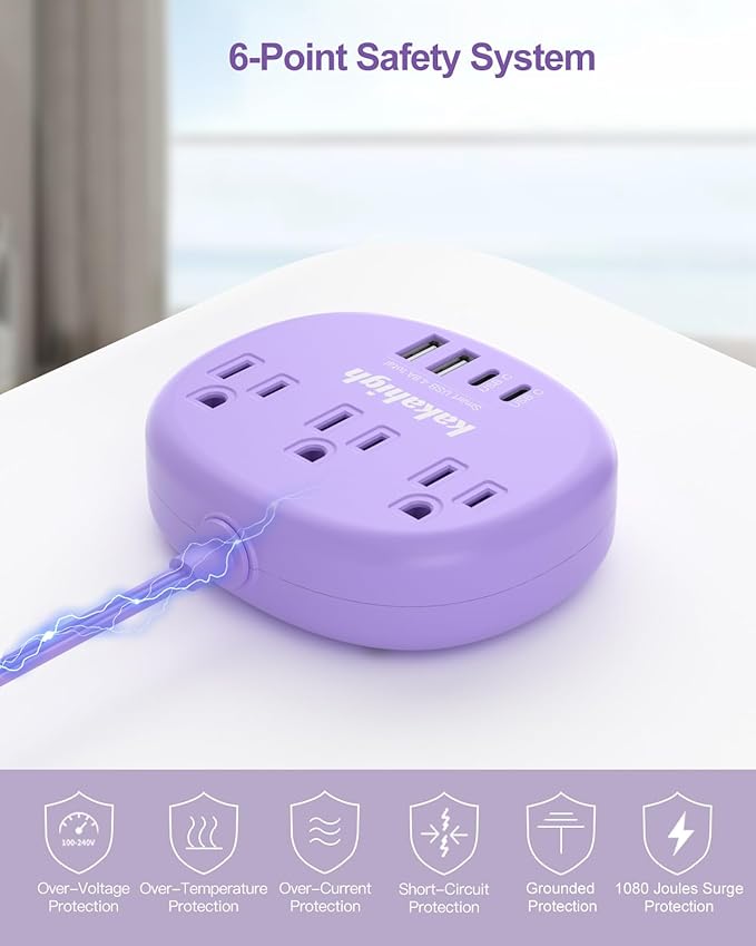 Purple Extension Cord - 10 FT Flat Extension Cord, 1625W Cute Extension Cord with 3 AC Outlet 4 USB (24W/4.8A), Compact for Cute Purple Kawaii Lavender Desk Accessories