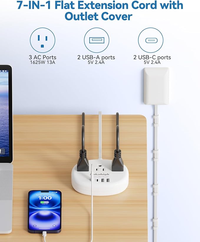 Flat Extension Cord with Outlet Cover & Cable Clips- 10 FT, 1625W Child Proof Extension Cord with 3 AC Outlet 4 USB (24W/4.8A), Flat 90 Degree Power Strip for Behind Furniture Couch Sofa TV, etc