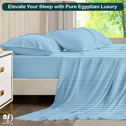 NON Sticky cotton Full Size Sleeper Sofa Sheets, 4 Piece Egyptian Cotton Bed Sheet Set for Sofa Bed, 6" Deep Pocket Fitted Sheet for Pull Out Couch Mattress, 54" x 75", Light Blue Stripe