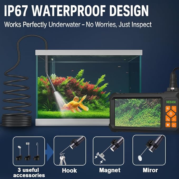 49.2 Feet Inspection Endoscope Camera with Light, 1080P HD Borescope Camera with Light, 4.3" IPS Screen, IP67 Waterproof Sewer Borescope, 49.2Ft Semi-Rigid Cord Drain Pipe Endoscope Cool Gadgets Tool