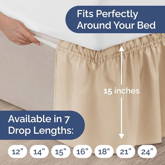 Wrap Around Dust Ruffle Bed Skirt - Cream - for King Size Beds with 15 Inch Drop - Easy Fit Elastic Strap - Adjustable Pleated Bedskirt w/Brushed Fabric - Wrinkle Free - for Women, Men, Kids & Teens