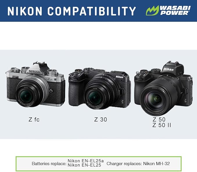 Wasabi Power Battery (2-Pack) and Charger Replacement for Nikon EN-EL25, EN-EL25a, 4241, MH-32 Compatible with Nikon Z30, Z50, Z50 II, Zfc