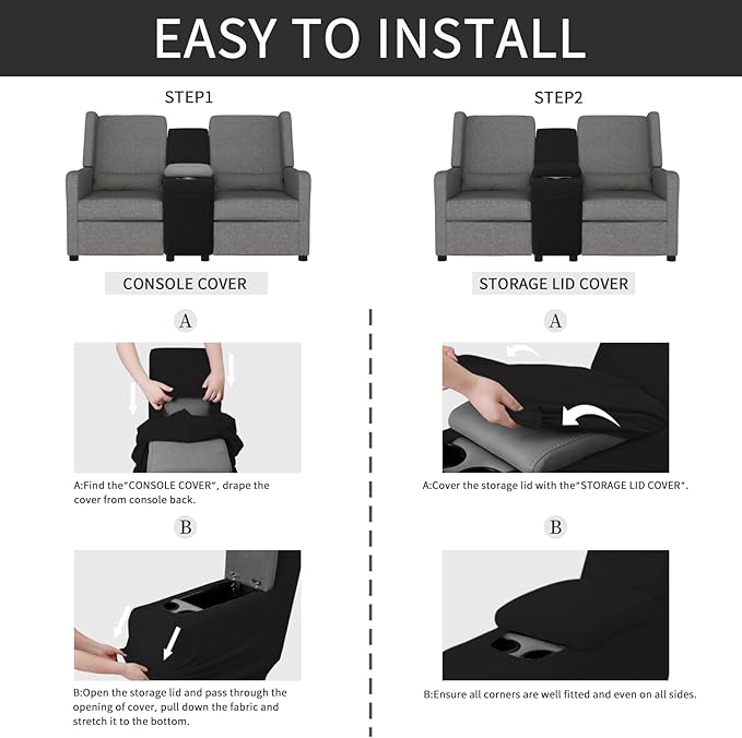 Easy-Going 2-Piece Recliner Console Cover for Reclining Loveseat Covers Stretch Jacquard Middle Console Cover for Recliner Couch and Sofa Black