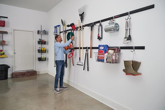Rubbermaid 24-Piece FastTrack Garage Wall-Mounted Storage Kit, 6 Rails and 18 Hooks, Black, for Home/House/Tool/Sports/Equipment/Utility Purposes