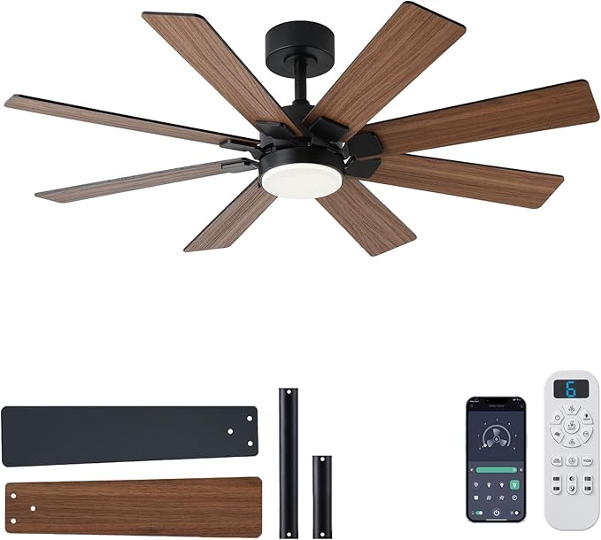 KNUN 48 Inch Ceiling Fans with Lights and Remote/APP Control, Low Profile Ceiling Fan, 8 Blades，LED Dimmable, Reversible DC Motor, Noiseless Brown Ceiling Fans for Bedroom Indoor/Outdoor Use