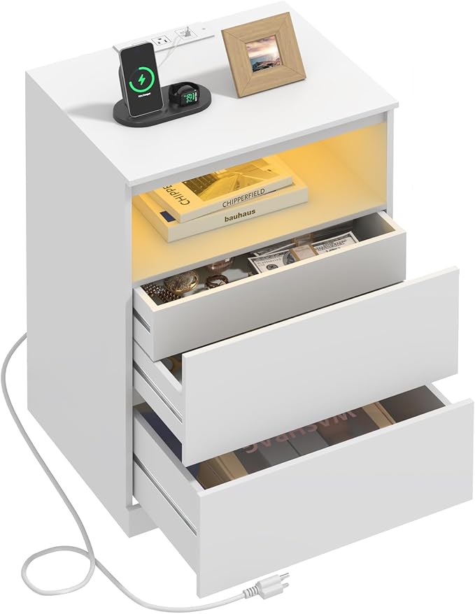 Nightstand with Charging Station, LED Lights and Hidden Drawer, Modern Night by Draelibor