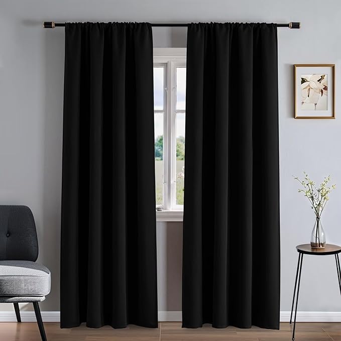 Blackout Curtains 84 Inch Length 2 Panels Set, Black Curtains Thermal Insulated Room Darkening Drapes for Bedroom, Rod Pocket Light Blocking Drapes Living Room Windows(52W × 84L, Black)
