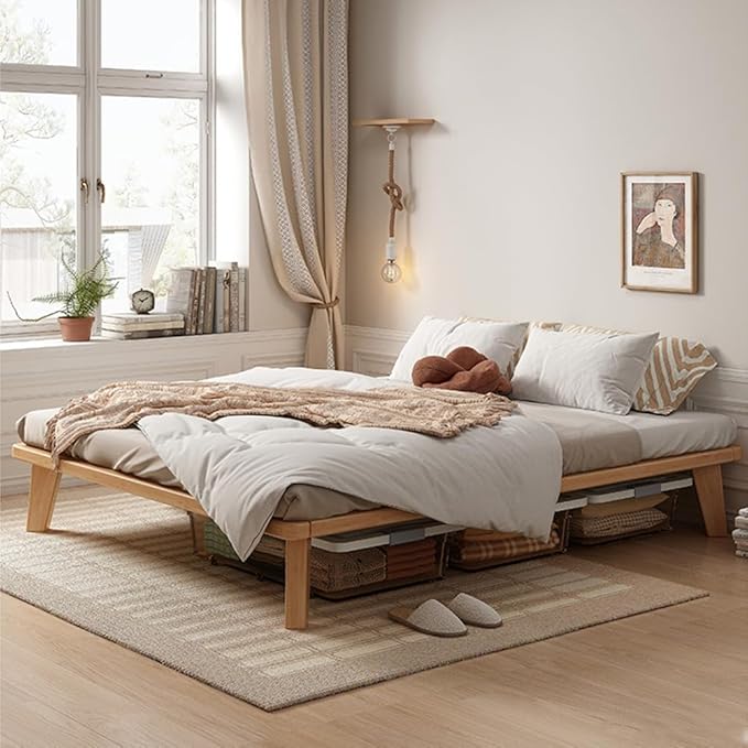 Queen Platform Bed Base - 14 Inch Solid Wood Mattress Foundation with Support Slats and Legs, Queen-Size Rubberwood Simple Bed Frame