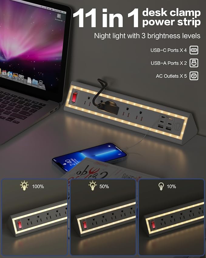 Desk Clamp Power Strip with Nightlight, 40W Fast Charging, 10FT Extension Cord - Image 2