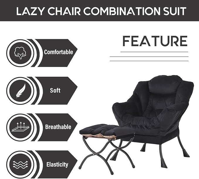 Lazy Chair with Ottoman, Comfy Accent Reading Chair, Velvet Black | Foldable - Image 5