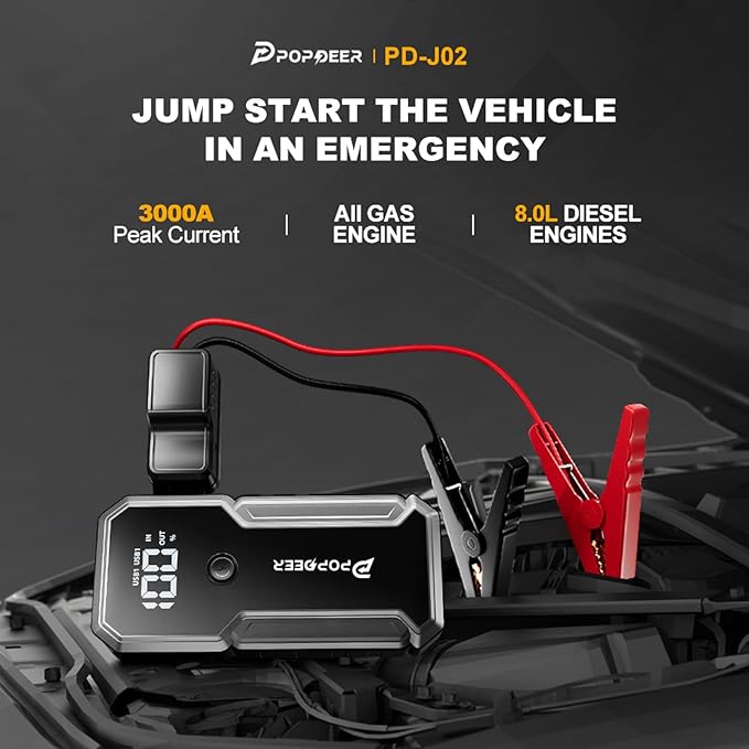 POPDEER Car Battery Jump Starter, 3000A Jump Box (All Gas/ 8.0L Diesel), 12V Car Battery Charger with Dual USB Quick Charge and DC Output, Portable Jump Starter with LED Flashlight