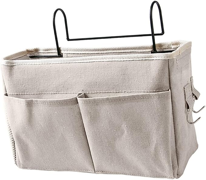 White Canvas Organizer Basket Wall Mount Storage Pouch Nightstand Hanging Bag - Image 5