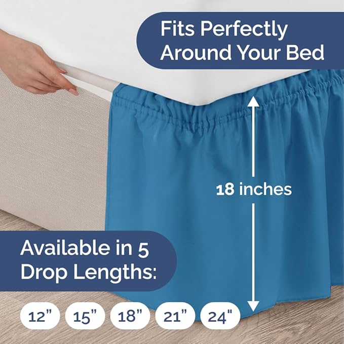 Wrap Around Dust Ruffle Bed Skirt - Denim Blue - for Full Size Beds with 18 Inch Drop - Elastic Strap - Adjustable Pleated Bedskirt with Brushed Fabric and Wrinkle Free - for Women, Men, Kids & Teens