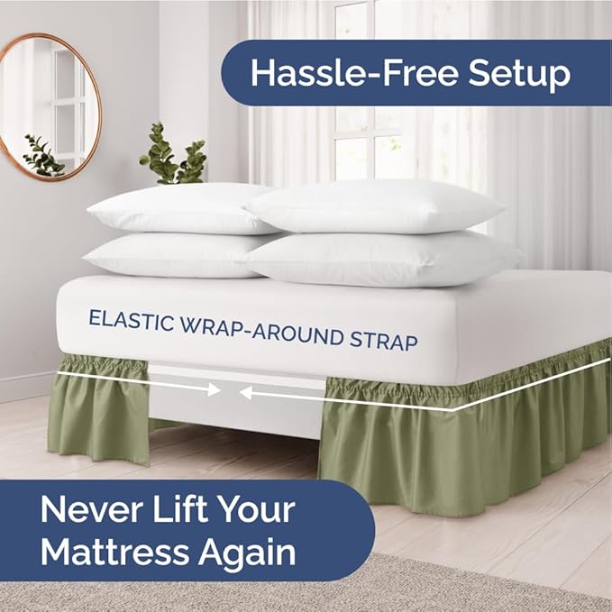 Wrap Around Dust Ruffle Bed Skirt - Sage Green - for King Size Beds w/ 16 Inch Drop - Easy Fit Elastic Strap - Adjustable Pleated Bedskirt with Brushed Fabric, Wrinkle Free Women, Men, Kids and Teens
