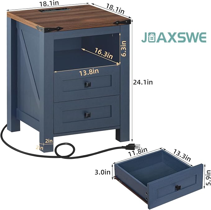 Joaxswe Nightstand with Charging Station, Farmhouse Night Stand with 2 Drawers - Image 2