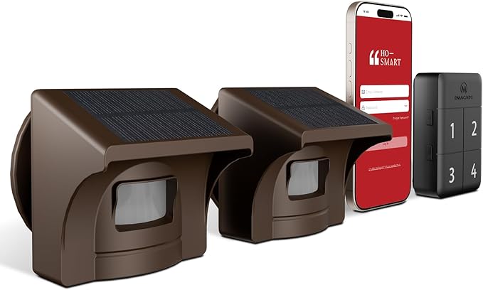 eMACROS Pro 4 Solar Driveway Alarm with App, 1/2 Mile Wireless Range, Motion‑Triggered Alerts for Long Driveways, Works with Existing Home Cameras, Rechargeable Base Station (1 Base & 2 Sensors)