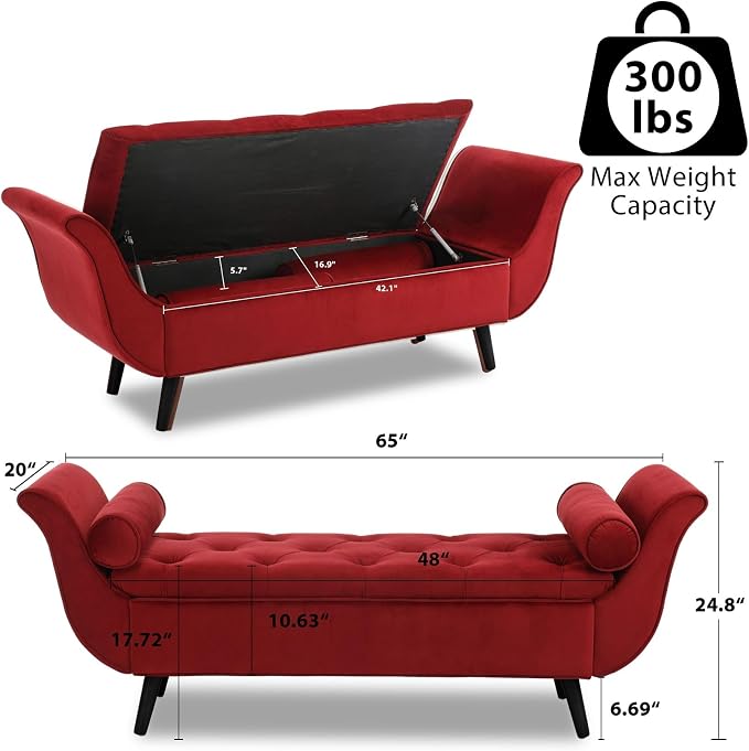 65" Velvet End of Bed Bench, Upholstered Seat - Image 2