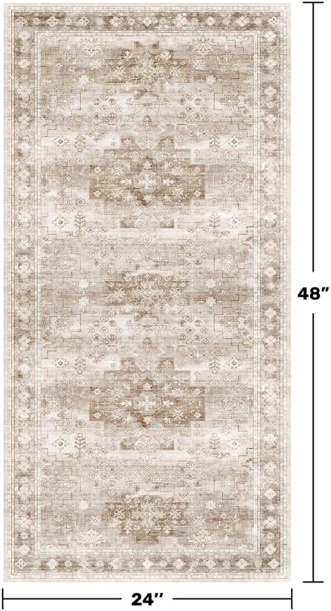 2x4 Boho Runner Rug, Neutral Farmhouse Entryway Rugs, Small Throw Runners for Hallway Bedroom Kitchen, Vintage Floral Design & Non-Slip Low-Pile Washable Stain Resistant Beige Latte