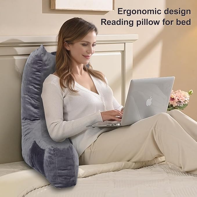 Neustern Reading Pillow for Sitting in Bed Adult, Back Pillow for Bed Shredded Memory Foam Chair Pillow with Arms and Pockets, Backrest and Support with Washable Cover for Watching TV/Gaming/Relaxing
