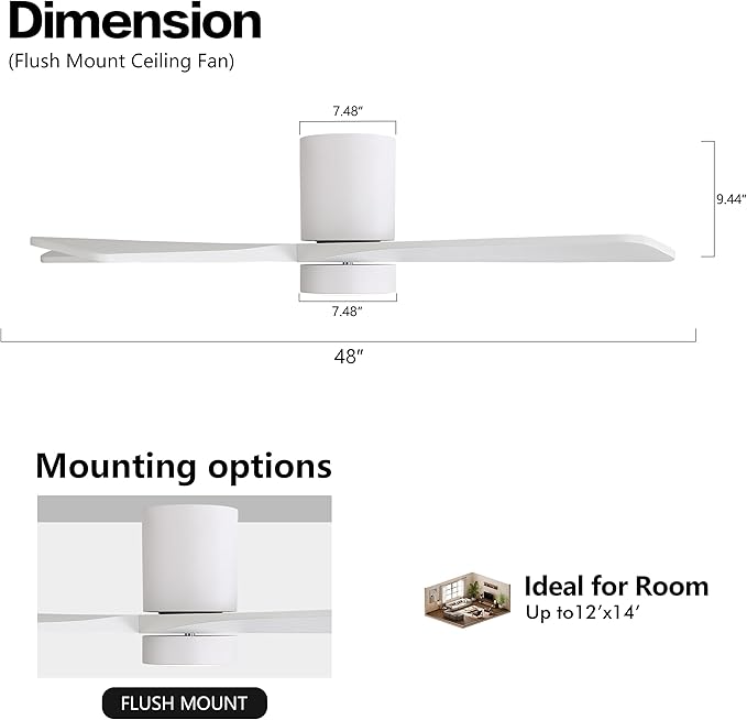 WINGBO 48 Inch Flush Mount DC Ceiling Fan with Lights and Remote, 5 Reversible Carved Wood Blades, 6-Speed Noiseless DC Motor, Hugger Ceiling Fan in White Finish, Low Profile Ceiling Fans, ETL Listed