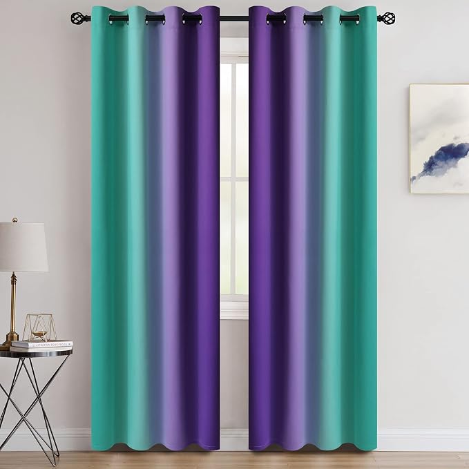 COSVIYA Grommet Room Darkening Ombre Teal and Purple Curtains W52xL96 inch | - Image 2