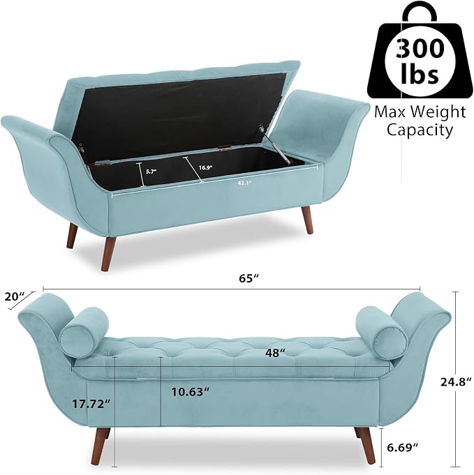 65" Velvet End of Bed Bench, Upholstered Seat - Image 2