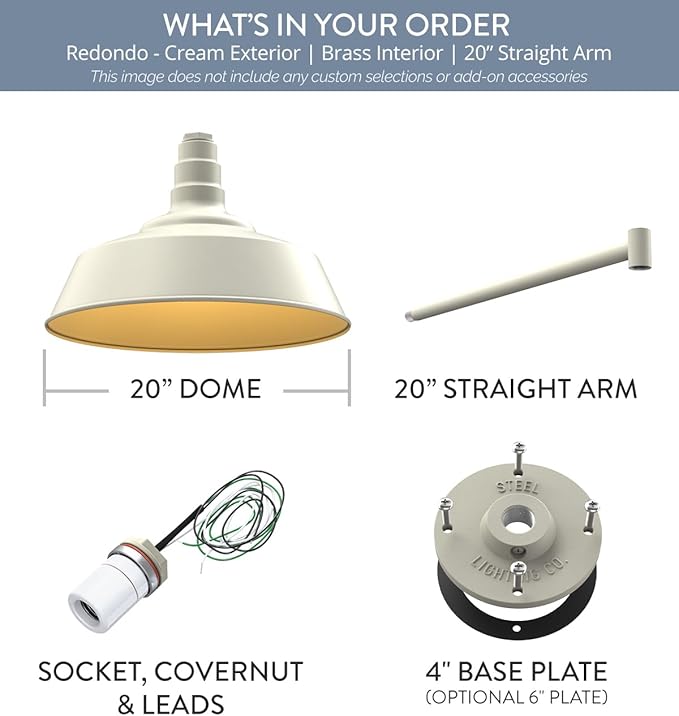 Steel Lighting Co. Large Outdoor Barn Light |Garage Light Fixture | Made in America from 18-Gauge Steel | 20" Dome | 20" Straight Arm Cream Exterior/Brass Interior