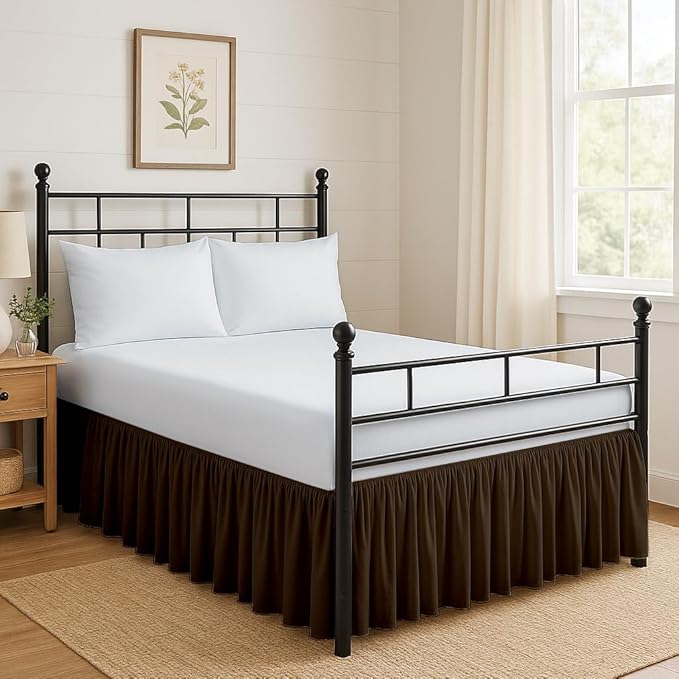 Ruffled Bed Skirt Split Corners with Platform, Tailored Fit Hotel Quality Wrinkle Free Ultra-Soft Microfiber Dust Ruffle, Upto 21 Inch Drop, Queen, Chocolate