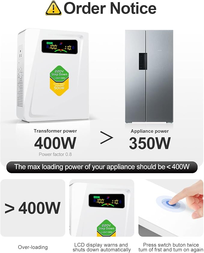 Voltage Converter 220 to 110 Step Down Transformer 500W Adapter, No Noise, Ten Protection Functions, Suit for Coffee Machines, Rice Cookers and Other US Appliances Used in Europe