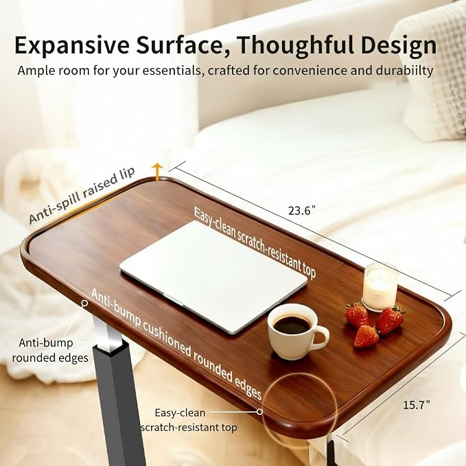 Adjustable Overbed Table with Wheels, Pneumatic Height Lift Rolling Bedside - Image 5