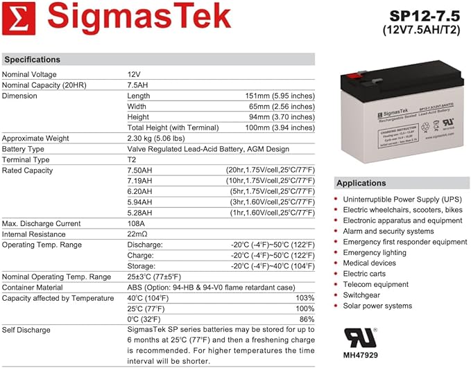 SigmasTek PCM Powercom Black Knight Pro BNT-800AP Compatible UPS Battery, 12V 7.5Ah F2