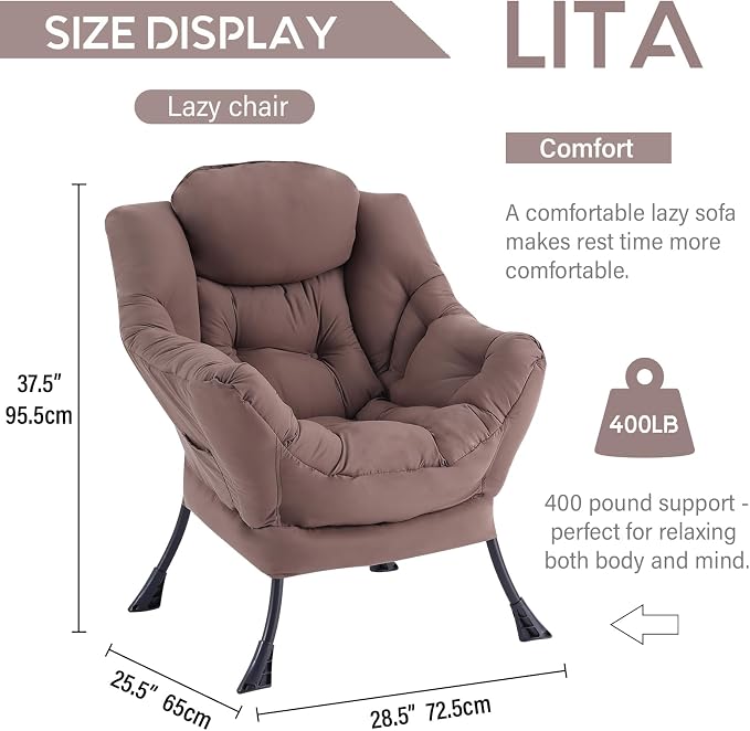 Lazy Chair with Ottoman, Comfy Accent Reading Chair, Dark Brown | Foldable - Image 3
