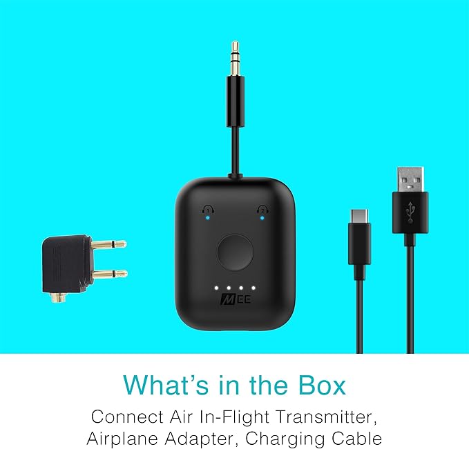 MEE Audio Connect Air in-Flight Bluetooth Wireless Audio Transmitter, with Extra Dual 3.5mm Jack AUX Adapter, for up to 2 AirPods/Other Headphones; Works with All 3.5mm Aux Jacks, Black