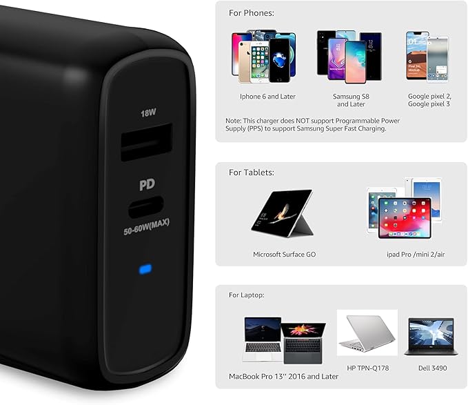 Amazon Basics 68W Two-Port GaN Wall Charger with 1 USB-C (60W) & 1 USB-A Ports (18W) with PD for Laptops, Tablets & Phones (iPhone 16/15/14/13/12/11/X, iPad, MacPro, Samsung, and more), Non-PPS, Black