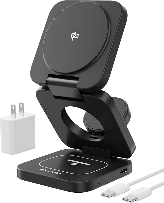 KU XIU X55Q Foldable 3 in 1 Magnetic Wireless Charger, 15W Qi2 Fast Charge for iPhone 17/16/15/14/13/12 and iPhone Air, 5W for Apple Watch 11–4/SE/Ultra, for AirPods 4/3/2/Pro 3/2/1 with 45W Adapter
