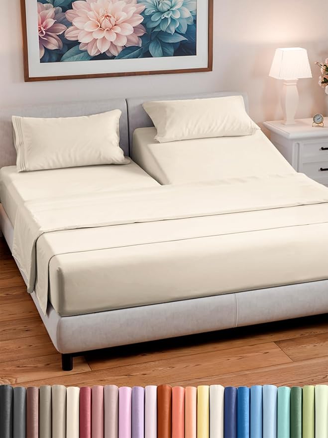 Split Head King Sheet Set – 4 Piece Flex Split Top King Sheets for Adjustable Beds - Fits 14” to 16" Mattress w/ Deep Pockets - Soft, Breathable & Cooling - Luxury Bedding and Wrinkle Free - Off White